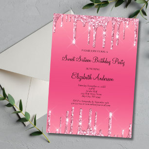 Invitación Cumpleaños Glam Glitter Rosado Dulce 16