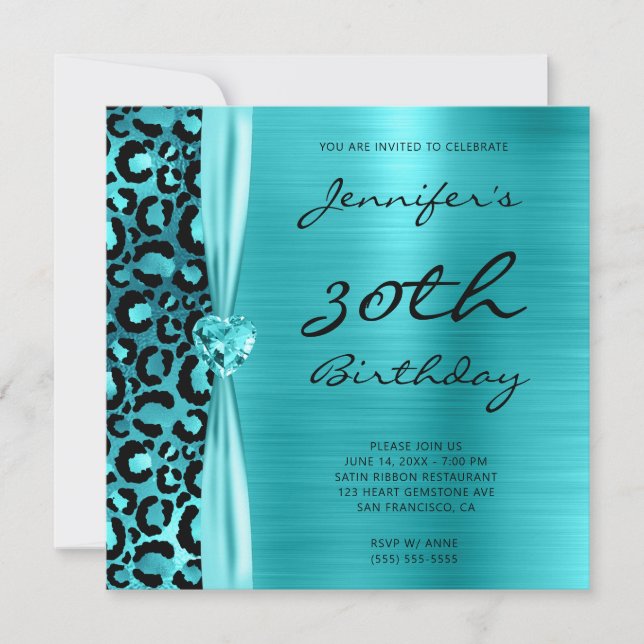 Invitación Cumpleaños Glam Leopard Blue Turquesa 30 (Anverso)