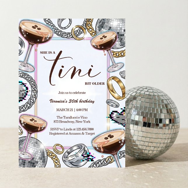 Invitación Cumpleaños Glam Martini de Espresso Un Poco Mayor (A Tini Bit Older Espresso Martini Disco Glam Neon Party - birthday party invitation)