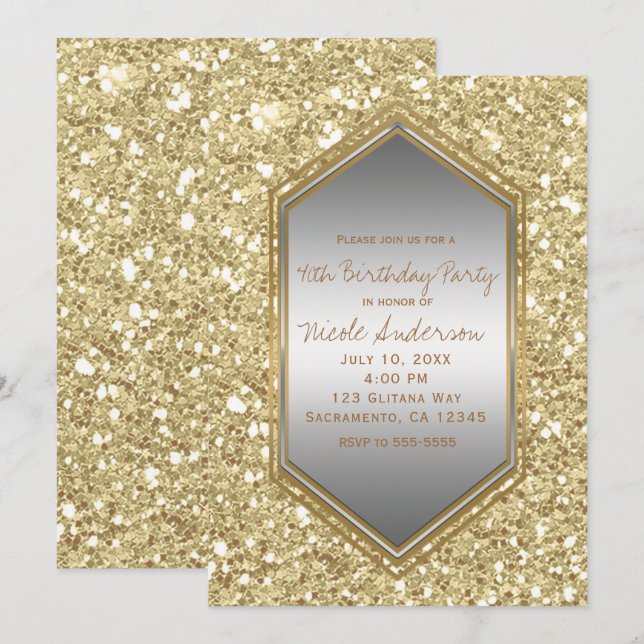 Invitación Cumpleaños Glam Plata Brillante Dorado Fiesta Cual (Anverso / Reverso)