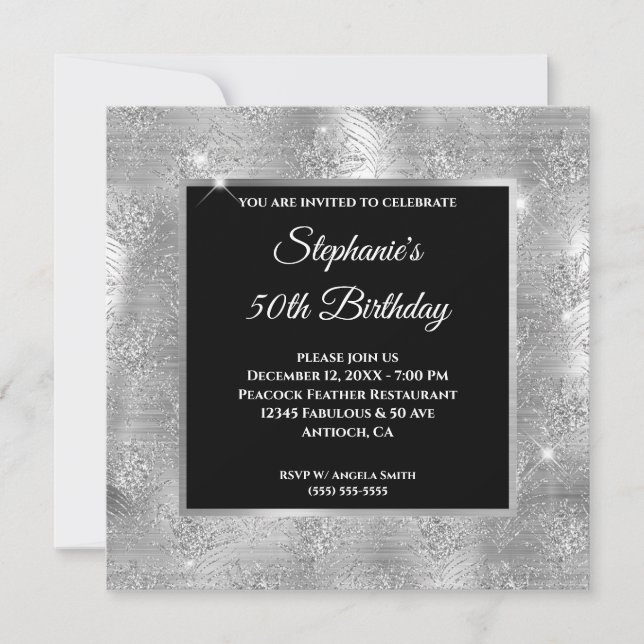 Invitación Cumpleaños Glam Pluma de Pavo Real Brillo Plateado (Anverso)