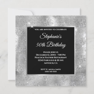 Invitación Cumpleaños Glam Pluma de Pavo Real Brillo Plateado