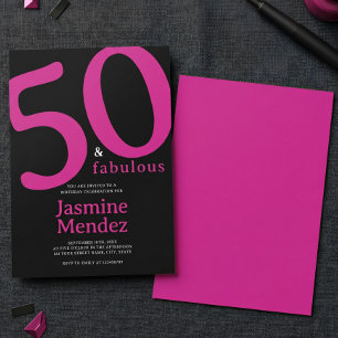 Invitación Cumpleaños Glam Rosa Caliente Negro Chic 50 y Fabu
