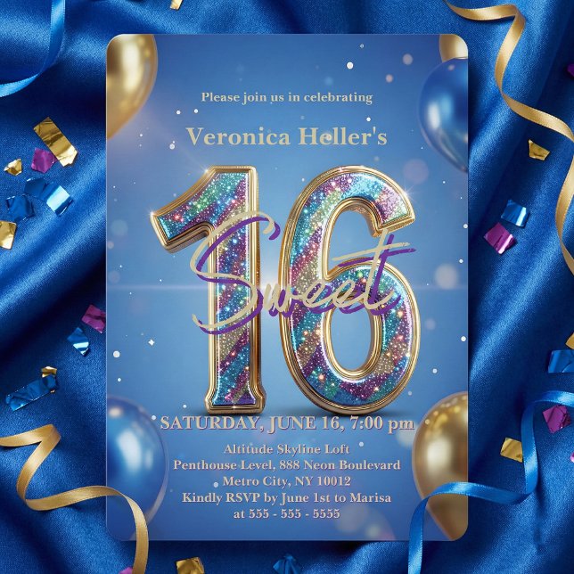 Invitación Cumpleaños Glam Royal Azul Globos de Oro Dulces 16 (Subido por el creador)