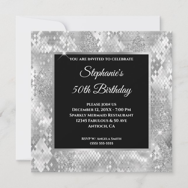 Invitación Cumpleaños Glam Serpiente Abstracta Brillo Platead (Anverso)