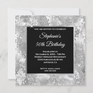 Invitación Cumpleaños Glam Serpiente Abstracta Brillo Platead