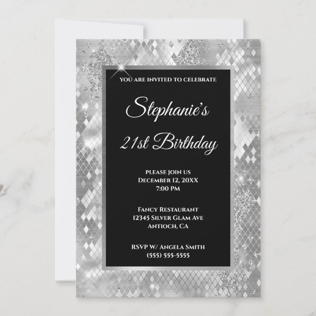 Invitación Cumpleaños Glam Serpiente Abstracta Brillo Platead (Anverso)