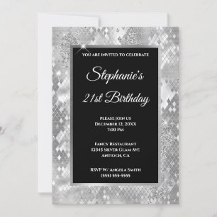 Invitación Cumpleaños Glam Serpiente Abstracta Brillo Platead
