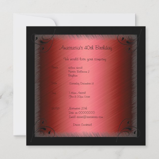 Invitación Cumpleaños Glamor Rojo Floral Negra (Anverso)