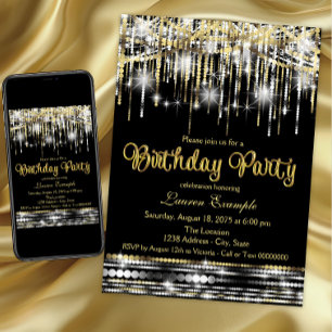 Invitación Cumpleaños Glamour Brillante Negro y Dorado