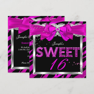 Invitación Cumpleaños Glamour Brillo Cebra Rosa Fuerte Dulces