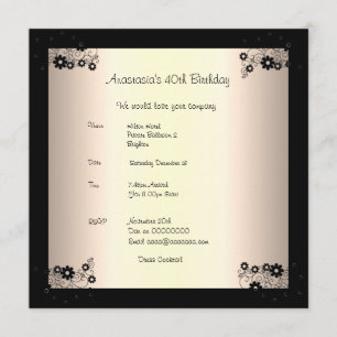 Invitación Cumpleaños Glamour Crema Floral Negra