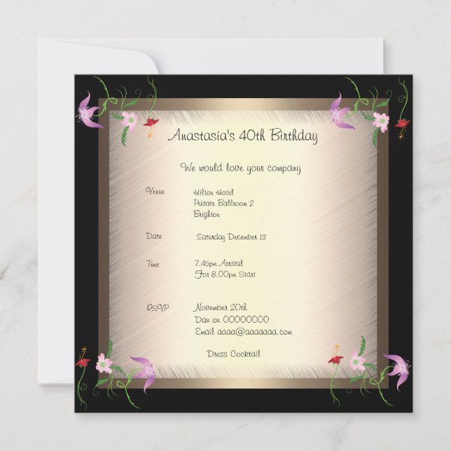 Invitación Cumpleaños Glamour Floral (Anverso)