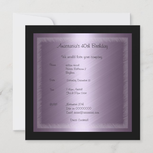 Invitación Cumpleaños Glamour Púrpura (Anverso)