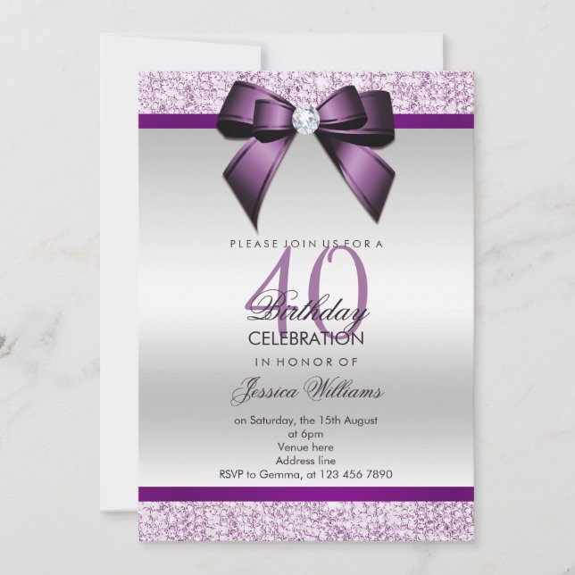 Invitación Cumpleaños Glamuroso con Brillo y Lazo (Anverso)