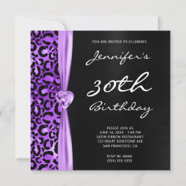 Invitación Cumpleaños glamuroso de 30 años negro y lila leopa