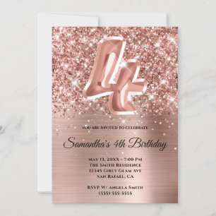 Invitación Cumpleaños glamuroso de 4 años en rosa oro con bri