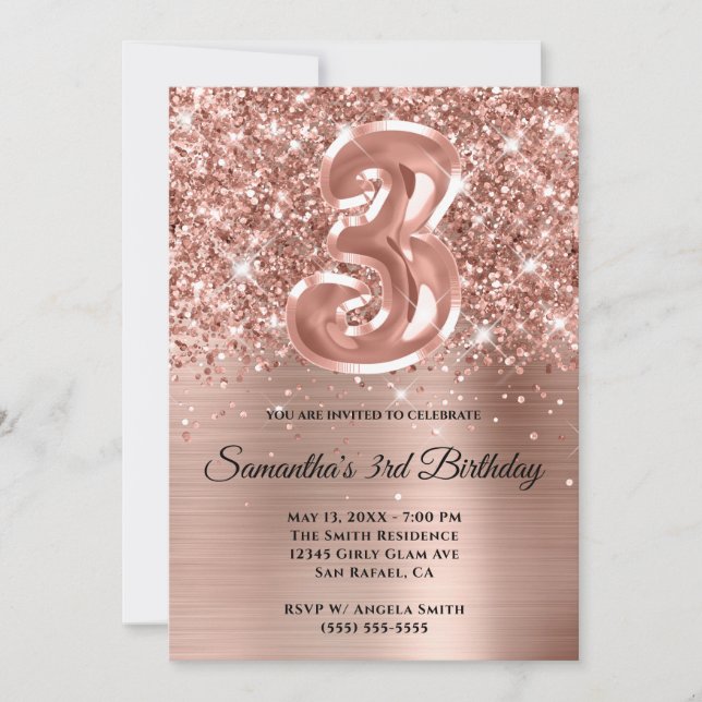 Invitación Cumpleaños glamuroso de oro rosa con brillo y dest (Anverso)