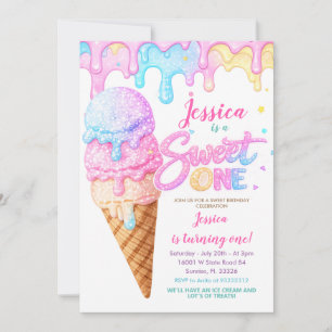 Invitación Cumpleaños Glitter Helado Pastel Dulce Uno