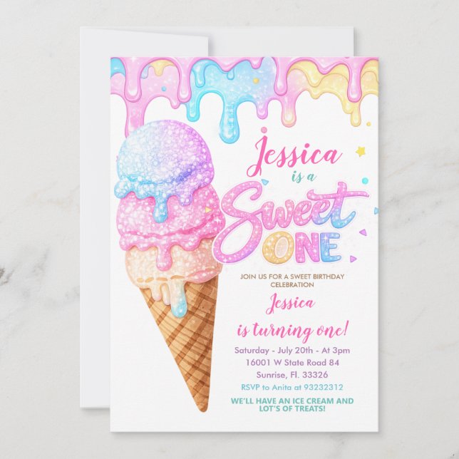 Invitación Cumpleaños Glitter Helado Pastel Dulce Uno (Anverso)