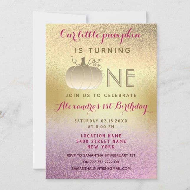 Invitación Cumpleaños Glitter Rosa Dorado Nuestra Pequeña Cal (Anverso)