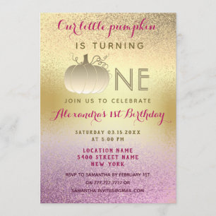 Invitación Cumpleaños Glitter Rosa Dorado Nuestra Pequeña Cal