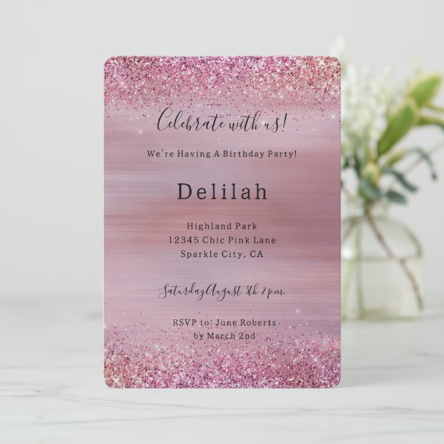 Invitación Cumpleaños Glitzy Glitter Rosa Dorado (Anverso de pie)