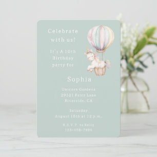 Invitación Cumpleaños Globo Aerostático de Unicornio de Menta