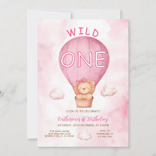 Invitación Cumpleaños Globo Aerostático Rosa Niña León Salvaj