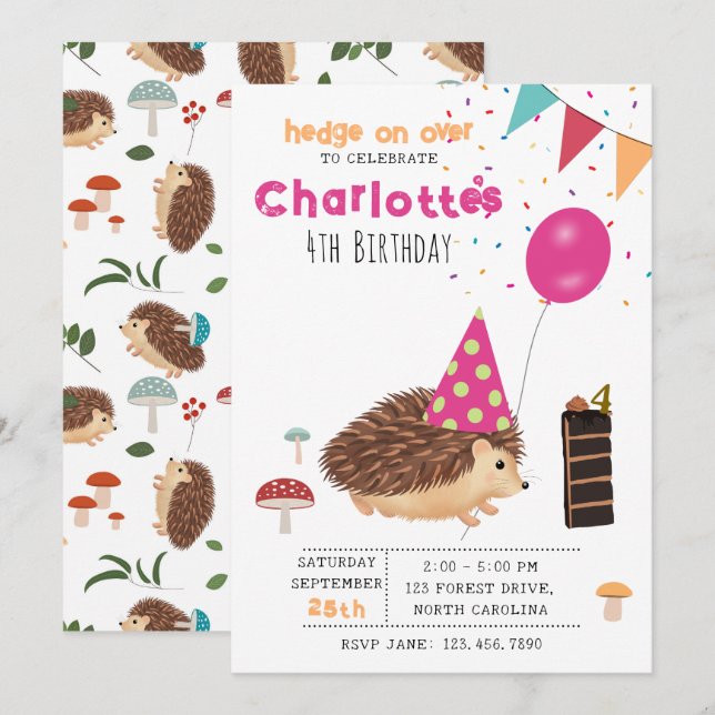 Invitación Cumpleaños Globo Bosque De Setas Erizo (Anverso / Reverso)
