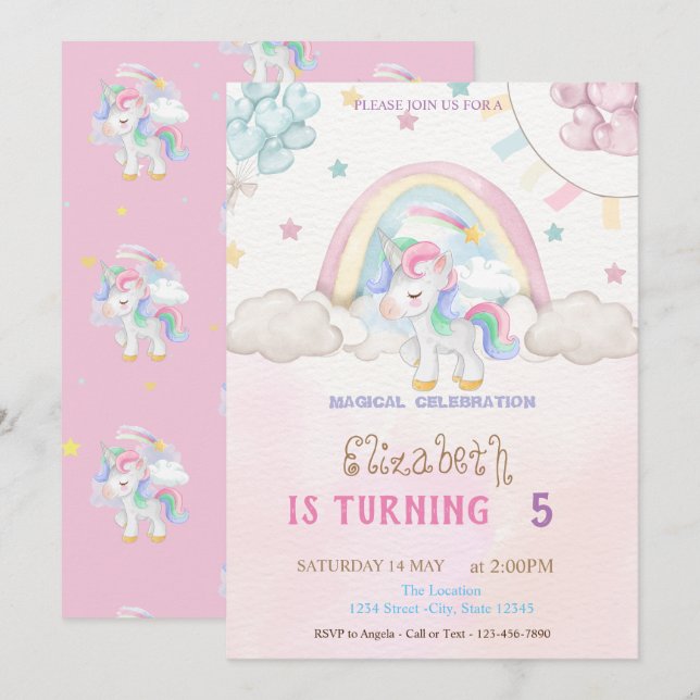 Invitación Cumpleaños Globos Estrellas Corazones Arcoíris Uni (Anverso / Reverso)