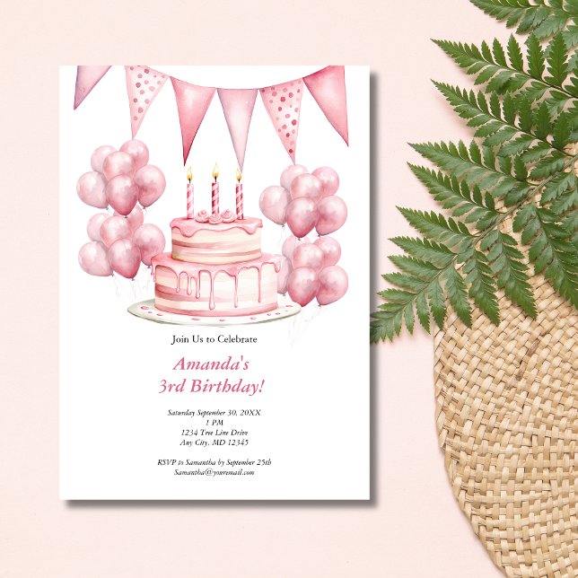 Invitación Cumpleaños Globos Rosados Banner Tarta Cumpleaños  (Pink Birthday Cake Balloons Banner 3rd Birthday party invitation. Printed or digital download)