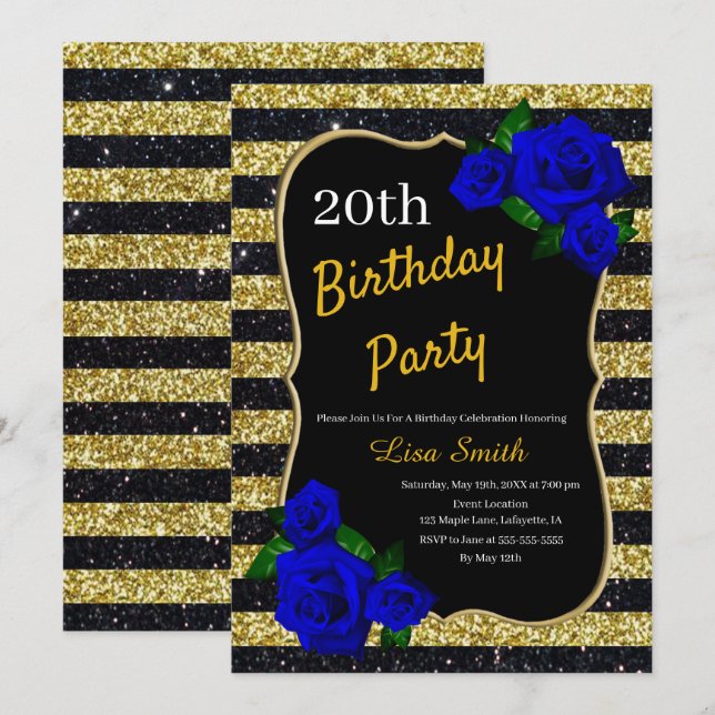 Invitación Cumpleaños Gold Black Stripes Purpurina Deep Blue  (Anverso / Reverso)