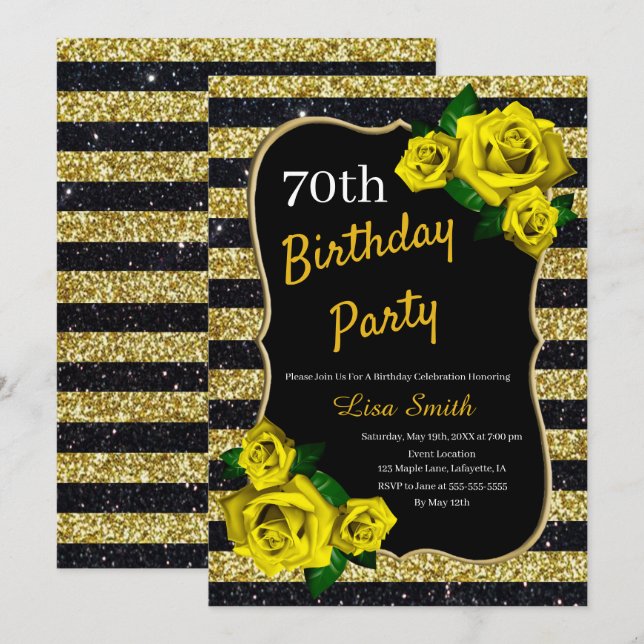 Invitación Cumpleaños Gold Black Stripes Purpurina Rosas Amar (Anverso / Reverso)