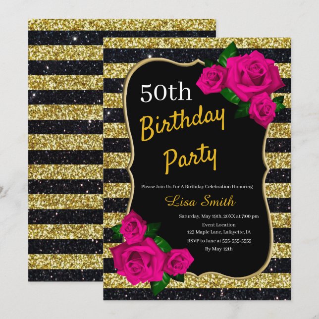 Invitación Cumpleaños Gold Black Stripes Purpurina Roses rosa (Anverso / Reverso)