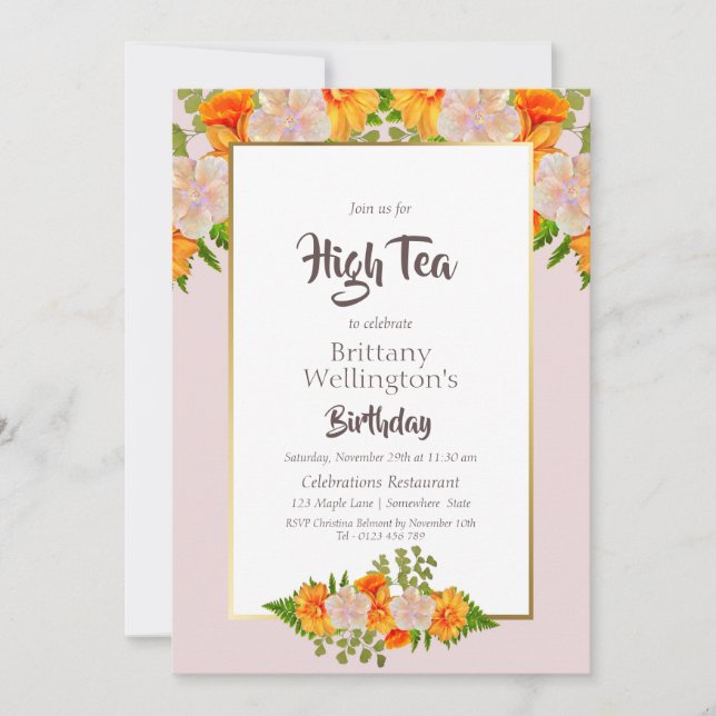 Invitación Cumpleaños Gold Naranja rosa Rubor Floral High Tea (Anverso)