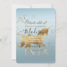 Invitación Cumpleaños Gold Unicorn Aqua Ombre