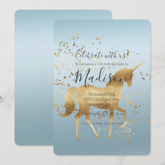Invitación Cumpleaños Gold Unicorn Aqua Ombre (Anverso / Reverso)