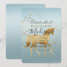 Invitación Cumpleaños Gold Unicorn Aqua Ombre