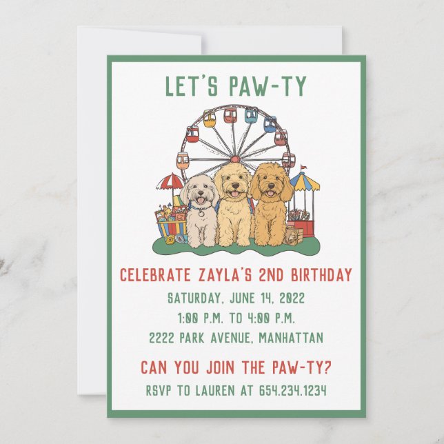 Invitación Cumpleaños Goldendoodle Perro En Un Carnaval (Anverso)