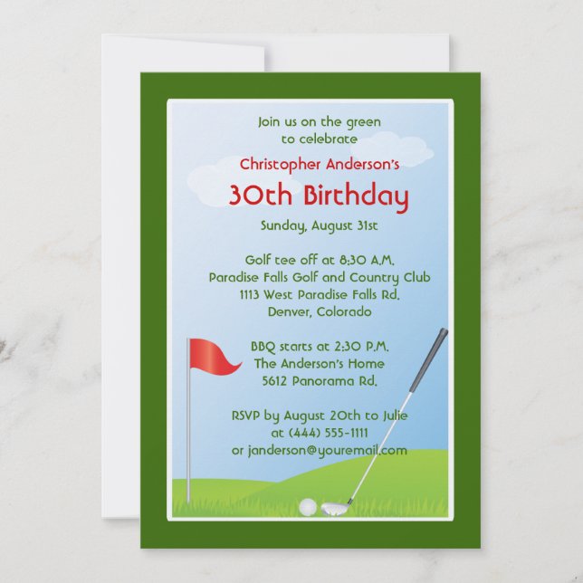 Invitación Cumpleaños Golfing de la bola y de la bandera del (Anverso)