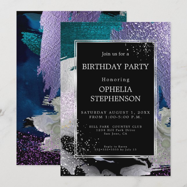 Invitación Cumpleaños | Golpes de pincel Verde azulado violen (Anverso / Reverso)
