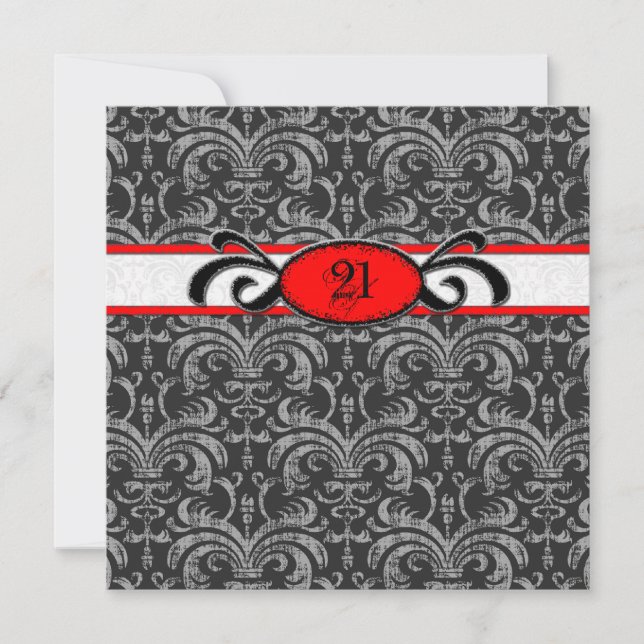 Invitación Cumpleaños gótico del damasco para rojo y negro de (Anverso)