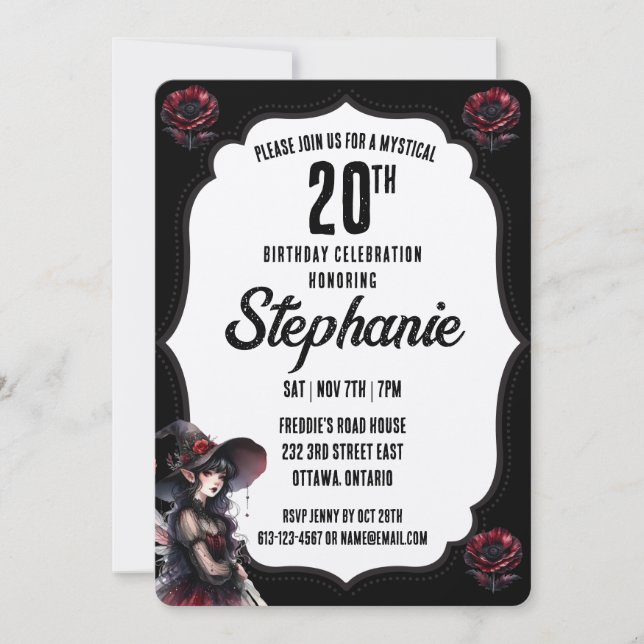 Invitación Cumpleaños Gótico en Blanco y Negro (Anverso)
