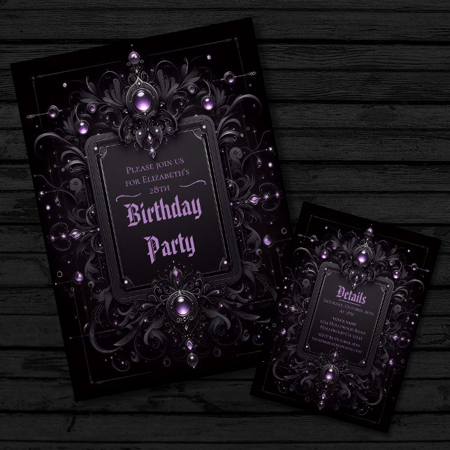 Invitación Cumpleaños gótico Lux Purple y Negro (Image shows front and back side of invitation)