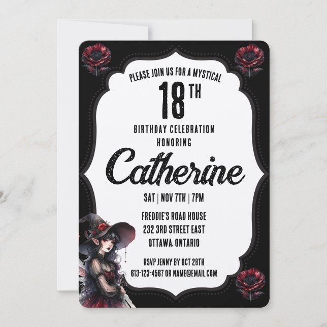 Invitación Cumpleaños gótico negro y blanco (Anverso)