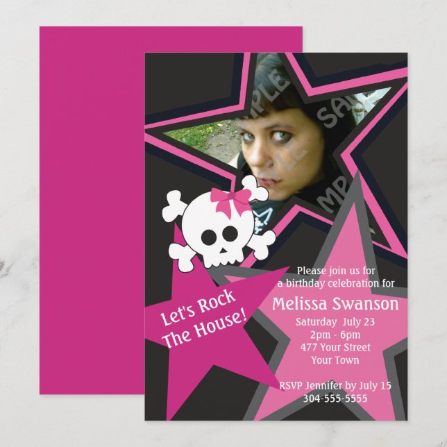 Invitación Cumpleaños gótico púrpura y negro de la estrella (Anverso / Reverso)