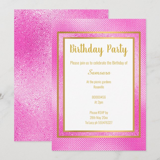 INVITACIÓN CUMPLEAÑOS GRABADO EN RELIEVE DE ROPA Y ORO METÁLI (Anverso / Reverso)