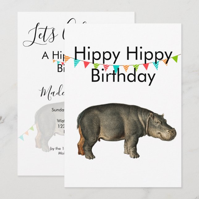 Invitación Cumpleaños Gracioso Adulto Hippotamus Color Buntin (Anverso / Reverso)