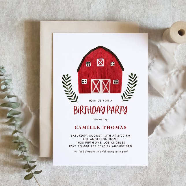 Invitación Cumpleaños Granero Rojo Acuarela Rústica (Watercolor red barn birthday party invitation featuring farmhouse charm for a country-themed party.)